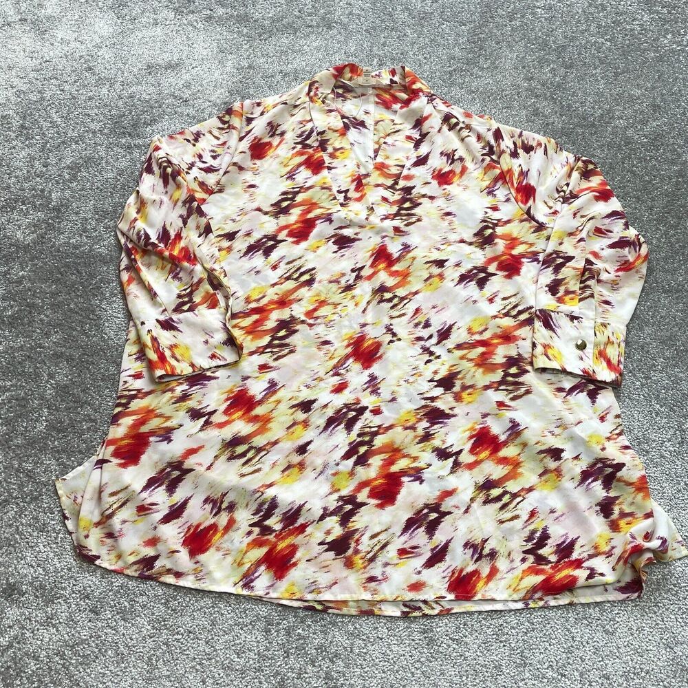Terra Sky Blouse Shirt Womens 2X 20W-22W White Colorful V Neck Long Sleeve top